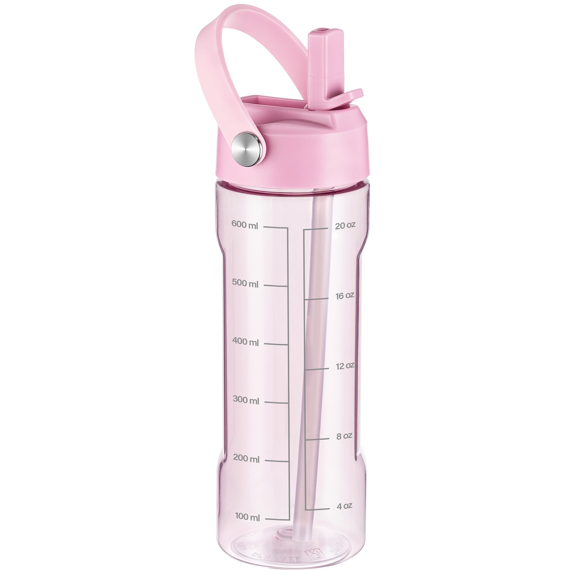 GOPPUS 600ml/20oz Clear Water Bottle with Straw, Tritan Leakproof Sports Drinking Bottle, BPA Free Wide Mouth Gym Bottle with Handle and Measurement Marks for School, Gym, Travel (Pink)
