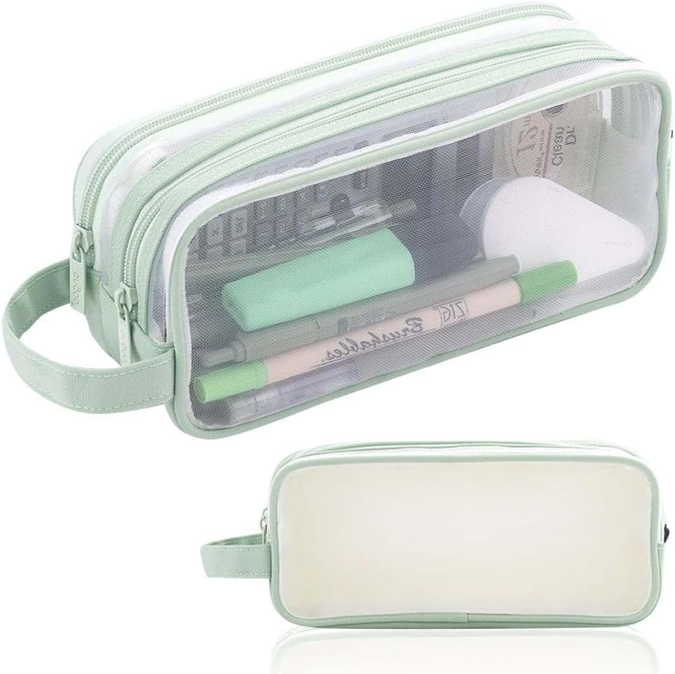 GINGER TECH Pencil Case Clear Mesh Pencil Pouch, Large Capacity Pencil Bag for Exam, 2 Compartment Pen Bag, Zipper Transparent Stationary Pen Cases for Student College Business Travel Office (Green) โ image 1