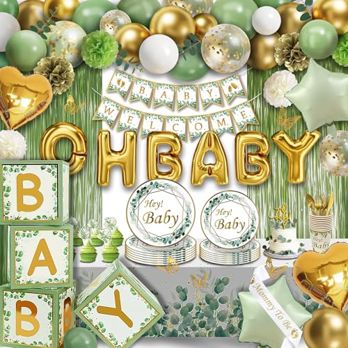 Image of Sage Green Neutral Baby Shower All In One Set - 4 Balloon Boxes, 12 Tableware Sets with Disposable Plates, inchOH BABY inch Balloons, Tablecloth & Cake Toppers