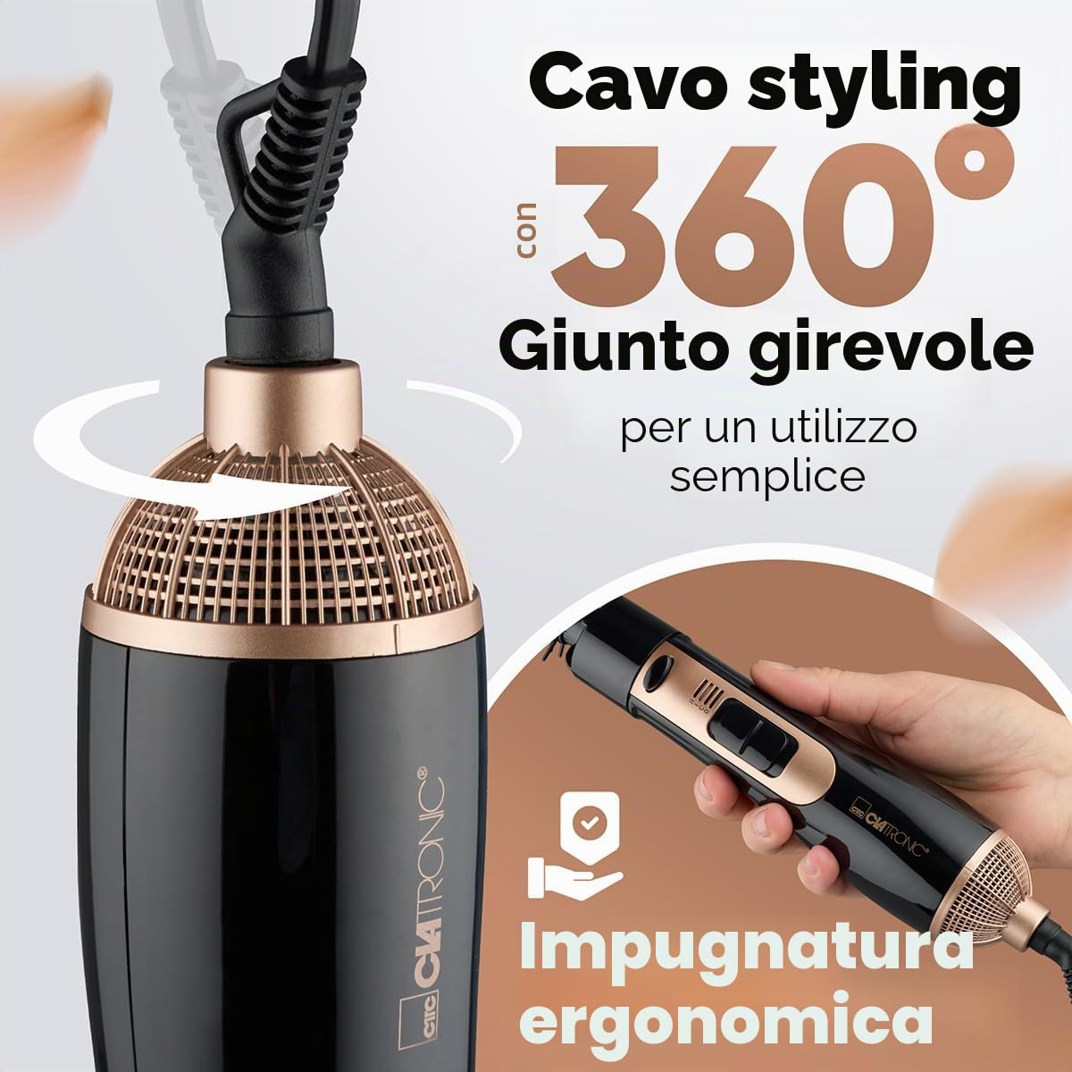 Clatronic® Spazzola ad aria calda, 3 accessori, per tutte le lunghezze dei capelli, spazzola per asciugacapelli con livello freddo per Style-Fix, 2 livelli, per capelli tondi, cavo a 360°, spazzola ad