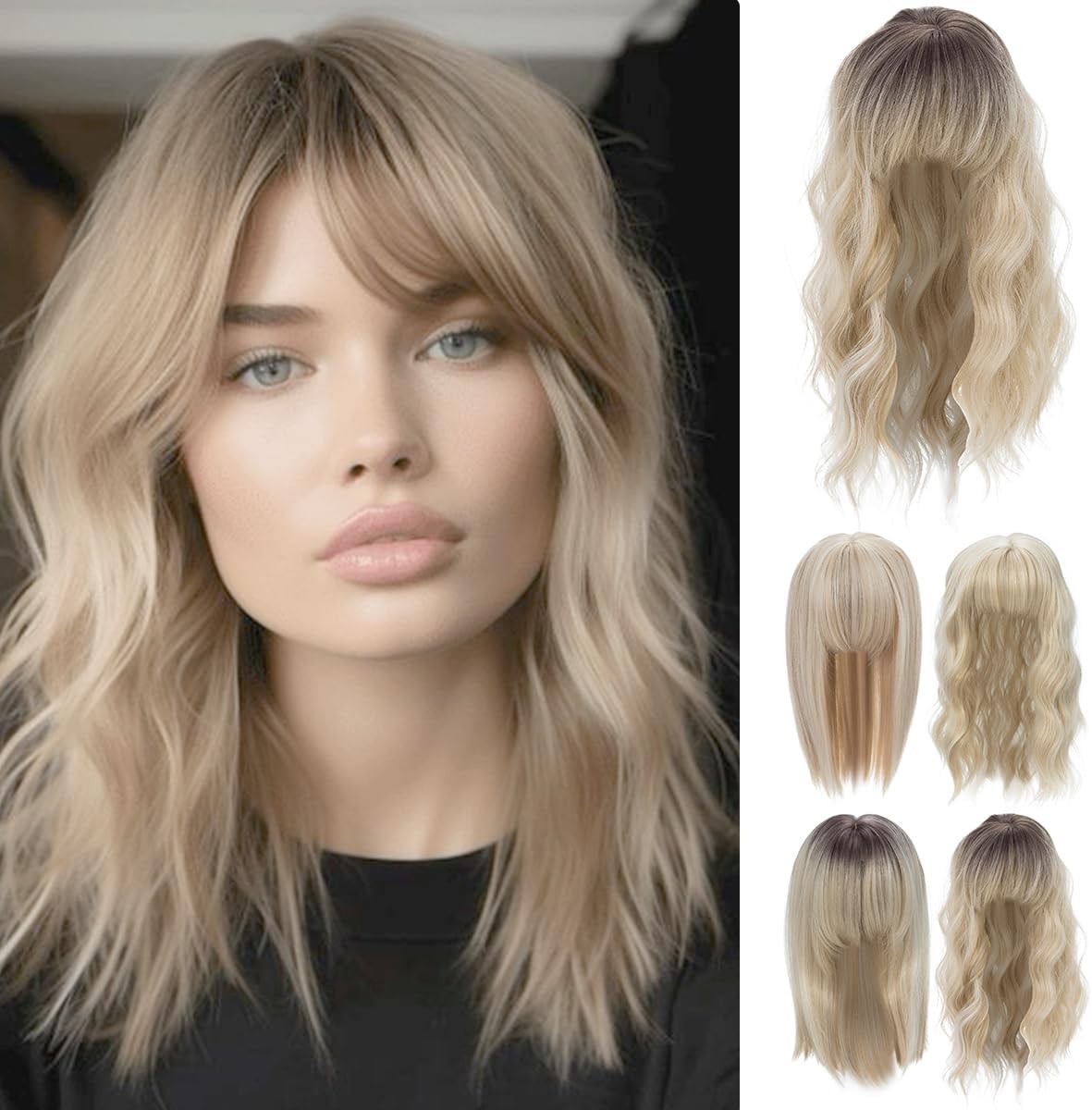 Hair Topper for Women Natural Synthetic Hairpieces 14 Inch Balayage Blonde Wave Hair Topper with Bangs Wave Wiglets Hairpieces for Thinning Hair