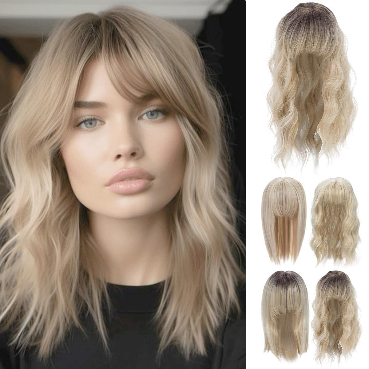 Yamel Hair Topper for Women Natural Synthetic Hairpieces 14 Inch Balayage Blonde Wave Hair Topper with Bangs Wave Wiglets Hairpieces for Thinning Hair