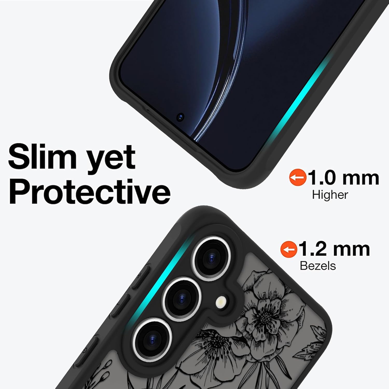 マグネット式 Samsung Galaxy S25用 ケース ブラック 花柄 [MagSafe対応] スリム 半透明 マット 【マットレザーリングブレスレット】