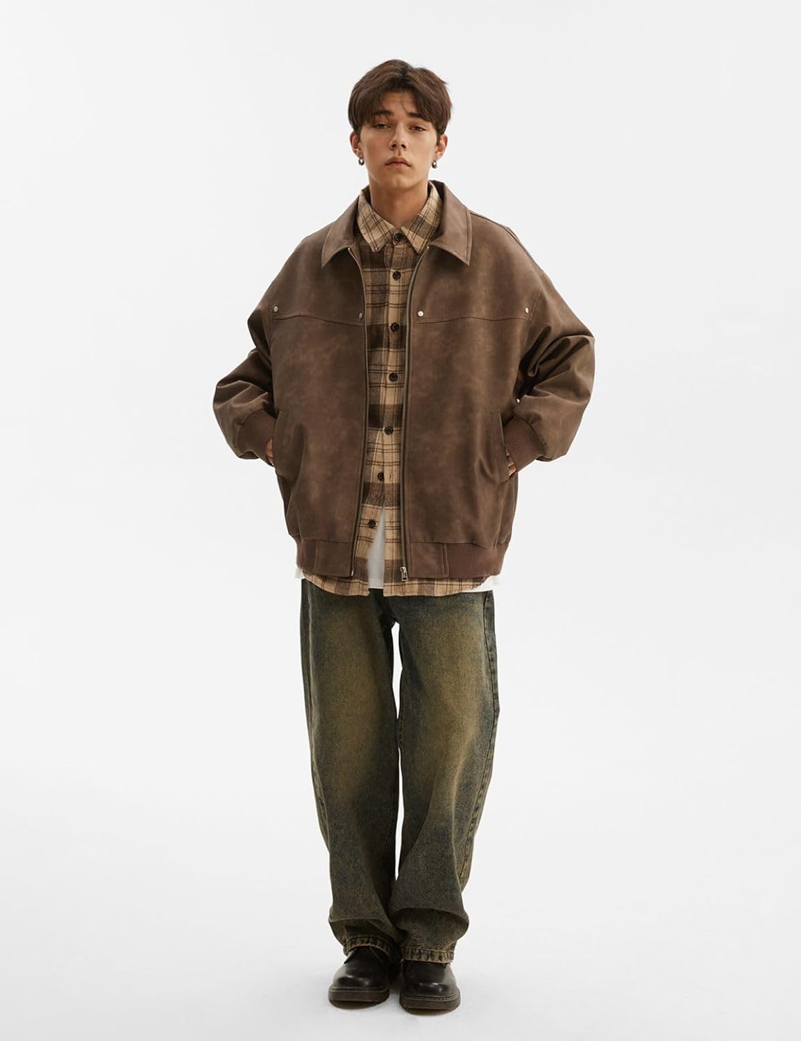 Men's Teen Faux Leather Zip Up Bomber Jacket 90S Vintage Biker Racing Moto Jackets Streetwear Coats - Image 4