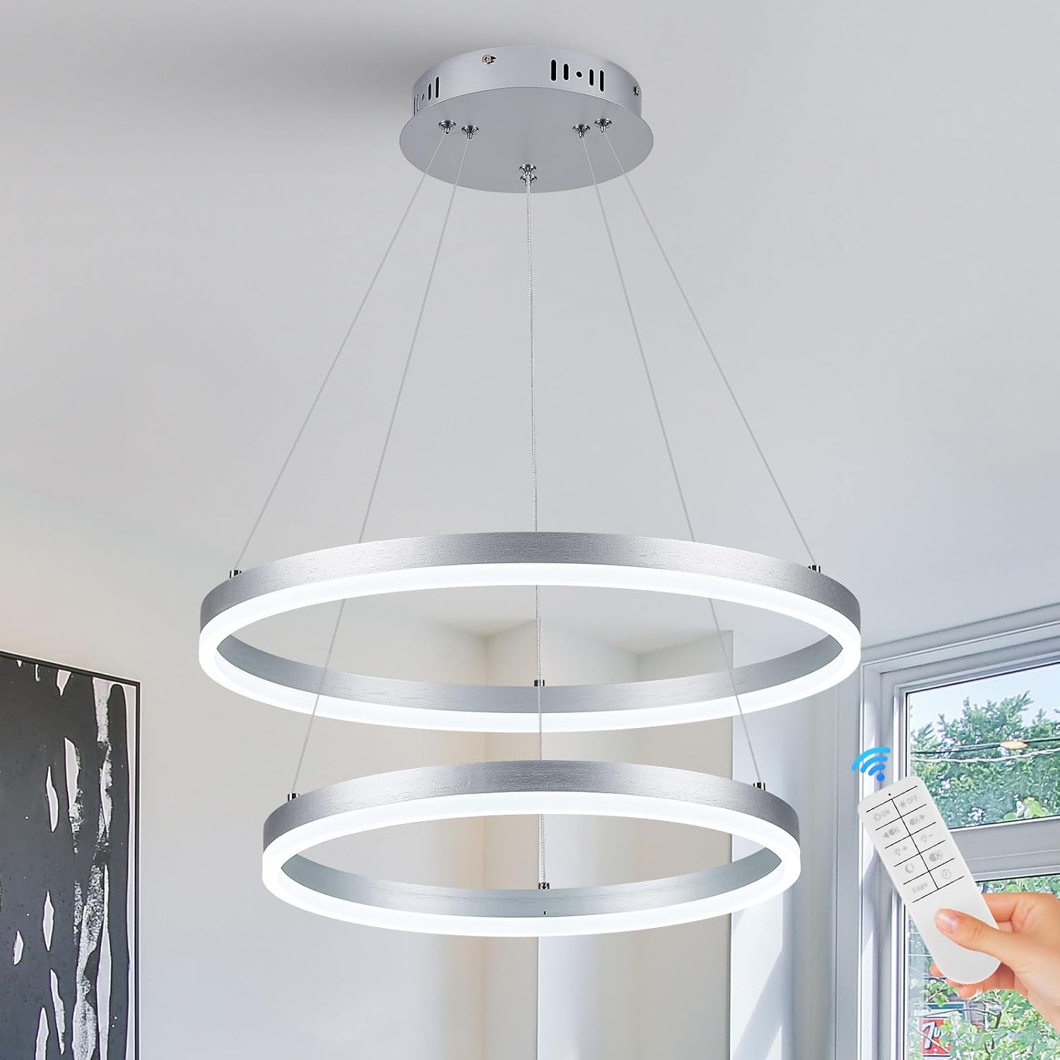 2-Rings Modern LED Chandelier Silver for Dining Room, Circular Flush Mount Ceiling Chandelier Light Dimmable Pendant Light with Remote Control for Living Room Entrance Foyer, 3000K-6500K 2 Ring Silver