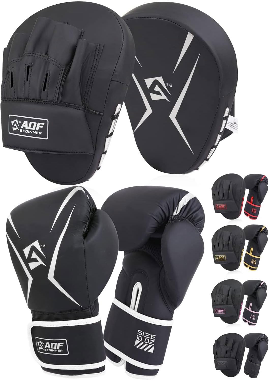 AQF Boxing Gloves and Pads - Adults & Kids Boxing-Set for Kickboxing & MMA Muay Thai Punching Glove with Curved Focus Pads for Martial Arts Training (Silver, 10oz)