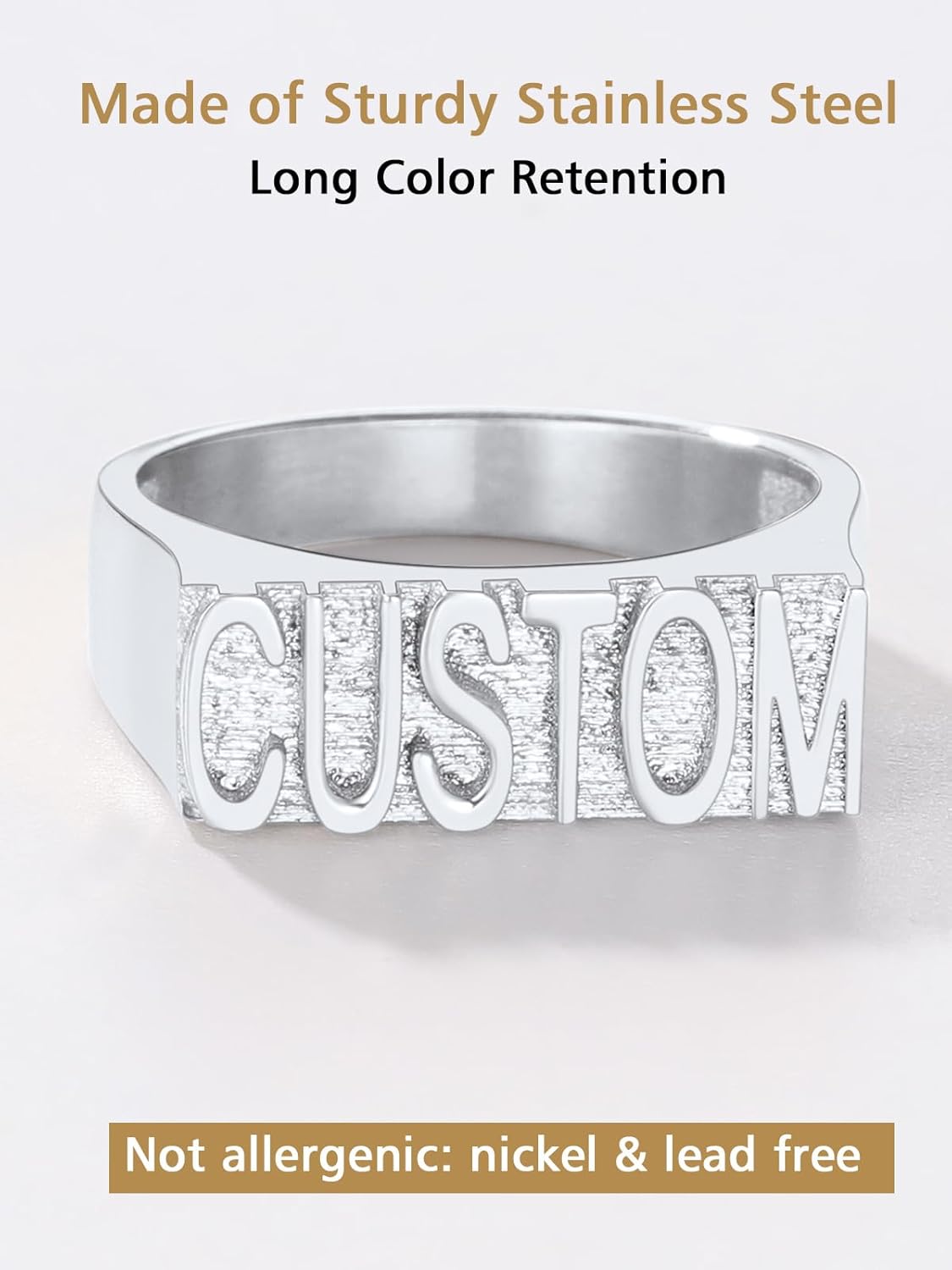 FindChic Custom Name/Number Signet Rings for Women Stainless Steel Flat Top Finger Rings for Girlfriend Gold Plated/Black Personalized 3D Printing Jewelry Size 6-14, with Gift Box