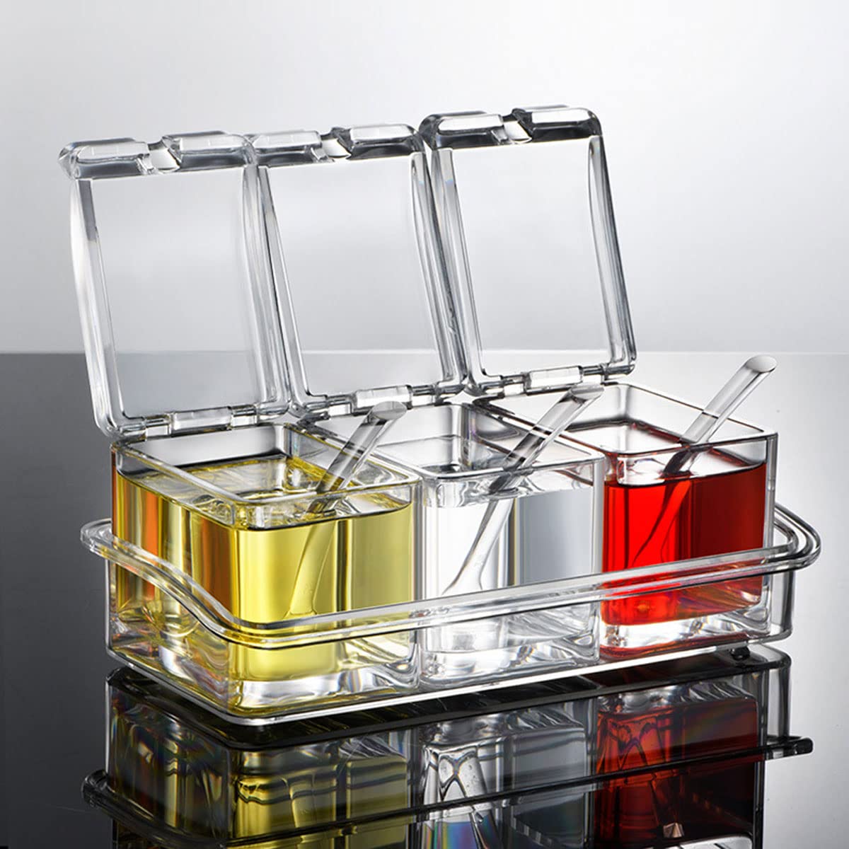 V·RESOURCING Clear Seasoning Box, 3 Pieces Seasoning Rack Spice Pots Storage Container for Spice Salt Sugar Cruet Liquid,Condiment Jars with 3 Spoons