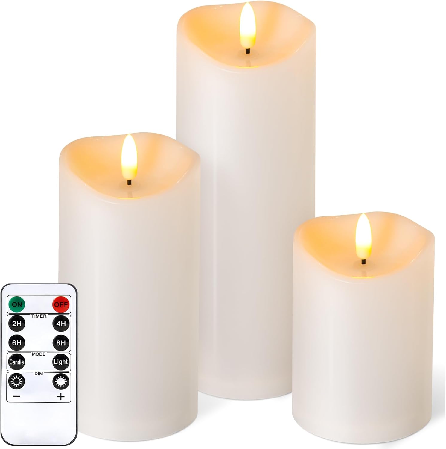 Outdoor Flameless Candles with Remote Timer - Waterproof Realistic Flickering LED Pillar Electric Battery Operated Fake Candle for Holiday Home Wedding Fireplace Decor - Ivory White 3 Pack (4”6”8”) Ivory White D3"H 4"6"8"