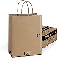 Vista 1 de Bolsas de regalo de papel marrón a granel con asas de 5.25 x 3.25 x 8 [100 bolsas] ideales para compras, embalaje, venta al por menor, fiestas