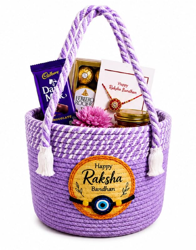 Image of BROOM Raksha Bandhan Gift Hamper Basket, Handmade Cotton Rope Storage Basket with Handle, Decorative Organizer for Chocolates, Dry Fruits, Return Gifts, Home Decor & Festive Celebration (Light Purple)