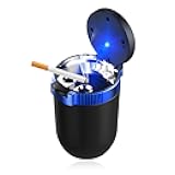 ZNDAW Car Ashtray with Lid, Smokeless Stainless Steel Vehicle Ash Tray with LED Light, Easy Clean Up Detachable Cylinder Ashtray Portable Trash Can for Road Trip, Car Accessories (Blue)