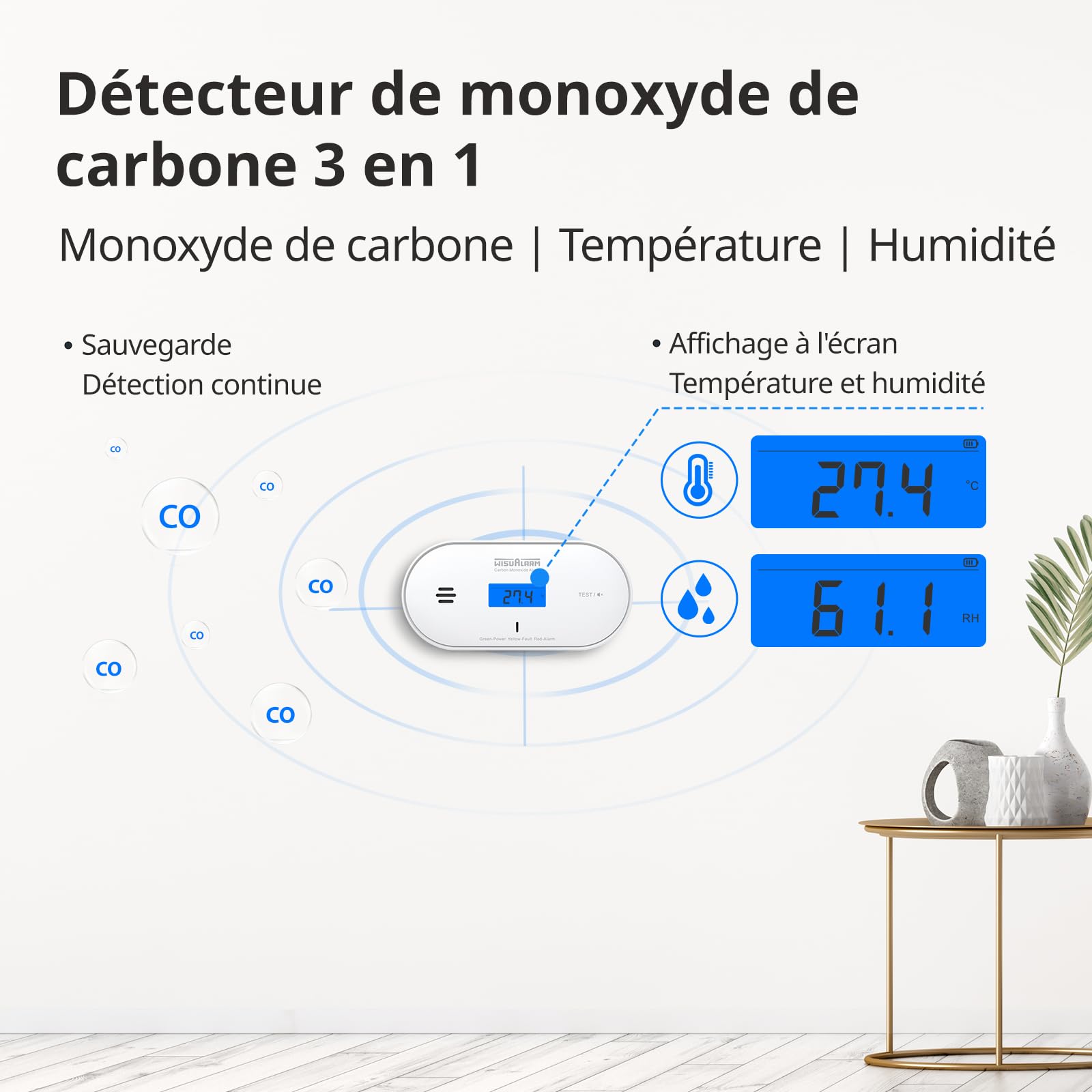 Détecteur de monoxyde de carbone, batterie scellée 10 ans, alarme de monoxyde de carbone, avec détection de température et d'humidité et affichage LCD, détecteurs de monoxyde de carbone pour la maison