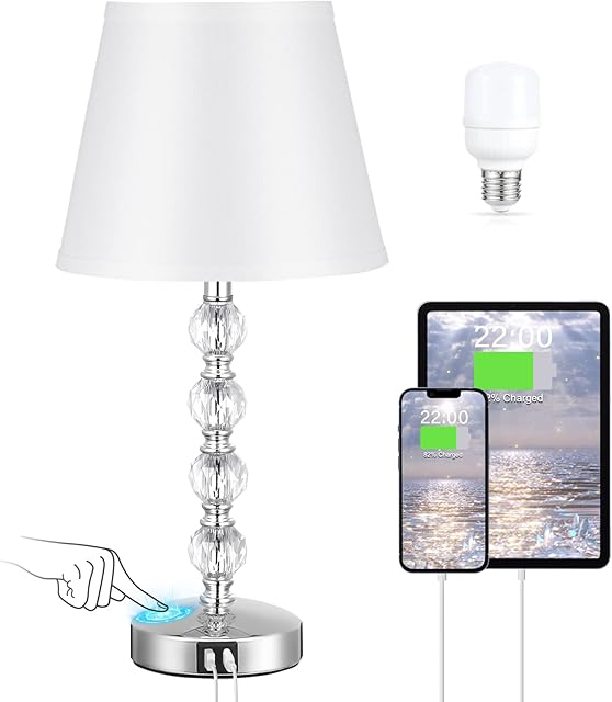Seealle Touch Crystal Table Lamp with Type C+USB A Charging Ports, Bedroom Lamp 3 Way Dimmable Touch Control LED Bulb Included, White Linen Shade Metal Base Lamp for Bedroom, Living Room and Office