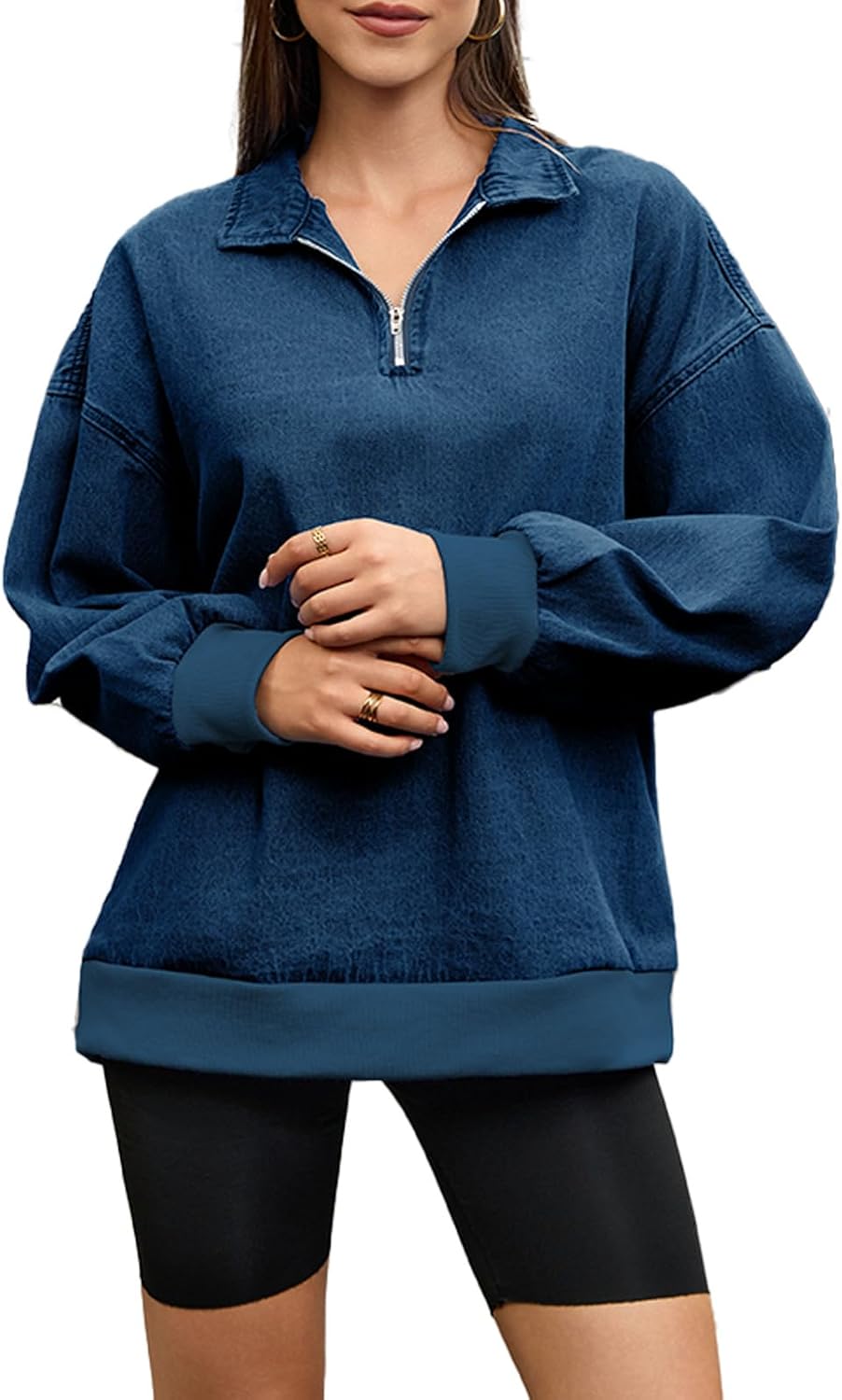 Women's Half Zip Denim Sweatshirts Fashion Long Sleeve Shirt Jean Pullover Hoodies - Image 3