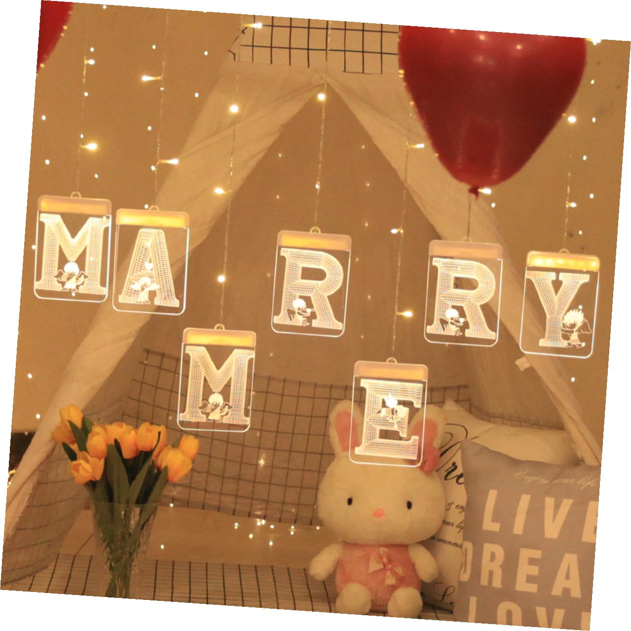 Heirate Mich USB LED Lichterkette, Beige Acryl, Romantisch | Warmweißes Licht, Flammenlos und Stromsparend, für Party und Tischdeko