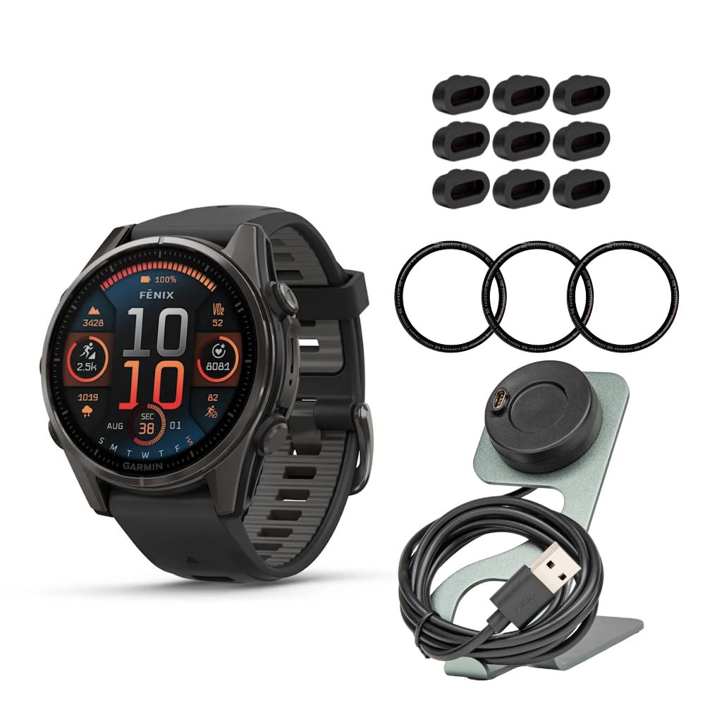 Garmin Fenix 8 43mm GPS Smartwatch Carbon Gray DLC Titanium and Black-Pebble Gray Bundle with Charger Stand and