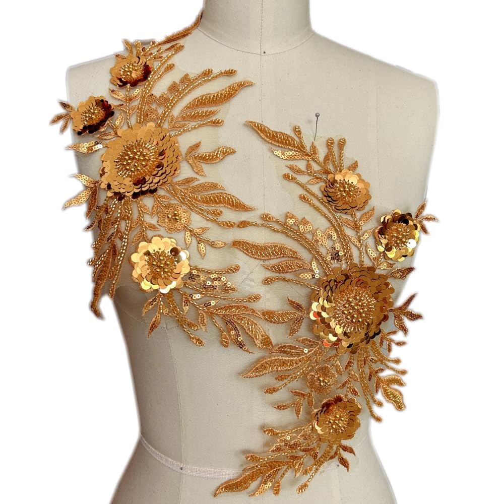 Appliques à paillettes dorées cristal broderie pour robe mariage et DIY