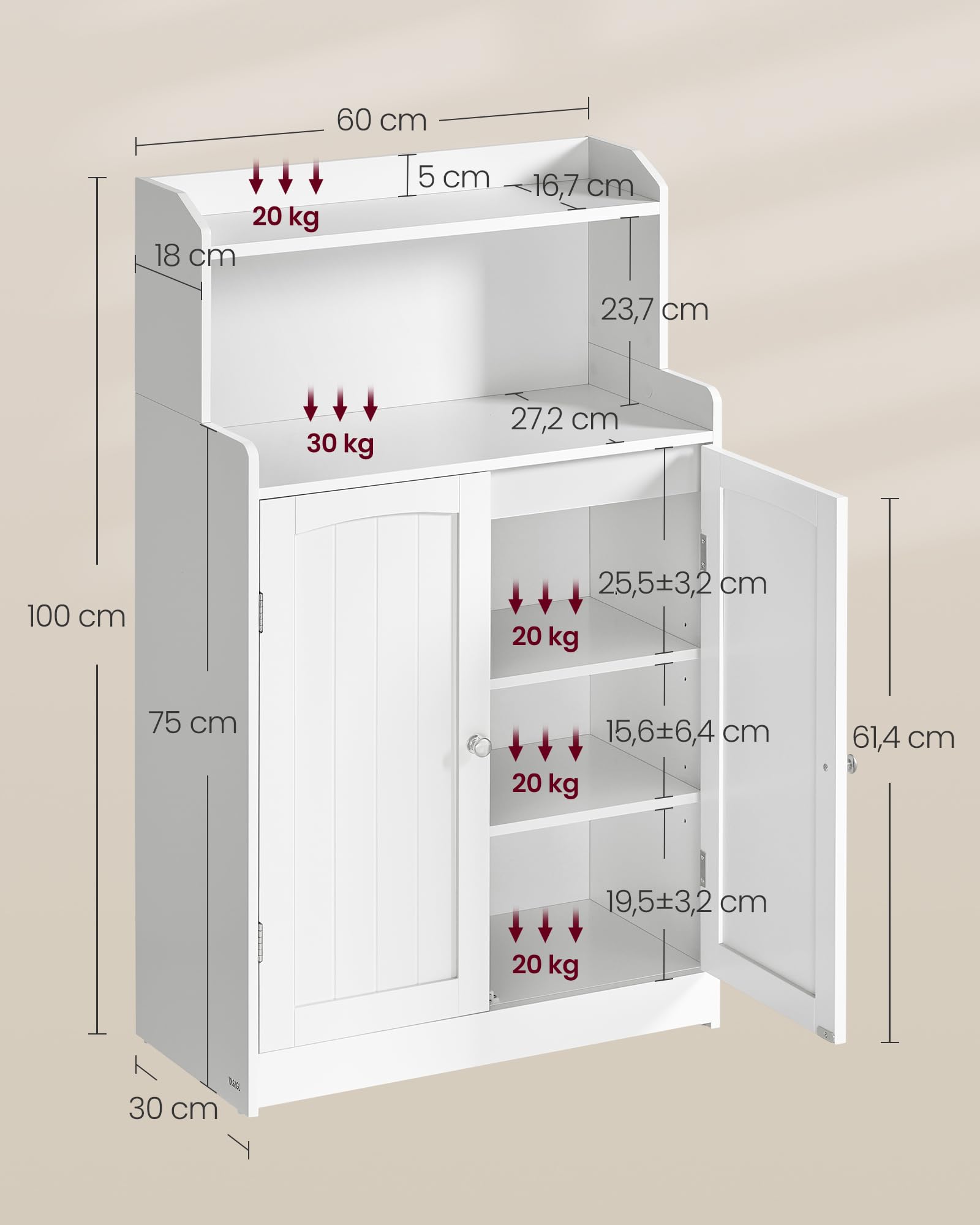 VASAGLE 100 cm Armario de Baño, Mueble de Baño con 2 Puertas, 2 Estantes Ajustable, para Comedor, Cocina, Salón, Blanco Nube BBC770W01
