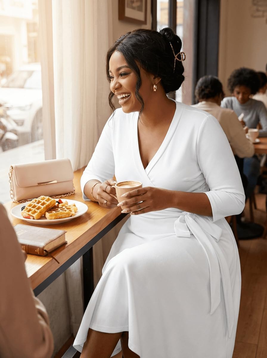 CLOCOR Plus Size Dresses, Womens Casual Church 3/4 Sleeve V Neck Cocktail Wrap Midi Dress with Pockets & Belt