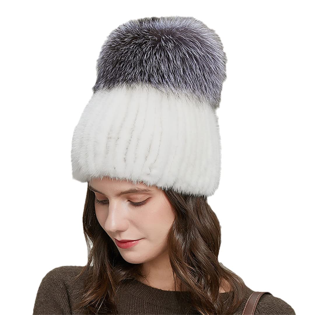 Sombreros de Invierno de Piel de visón para Mujer con Gorro de Punto con Pompones, Gorro Femenino de elásticos cálidos a la Moda 04y 52-58 Cm