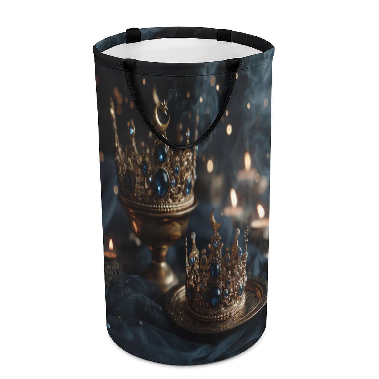 LUYYSKY Vintage Modern Crystal Crown Versatile Storage Laundry Basket, Rustic Luxury Sun Moon Crown Couple Pattern Large Bathroom Laundry Hamper With Handle-40 CM Dia, 69 CM High