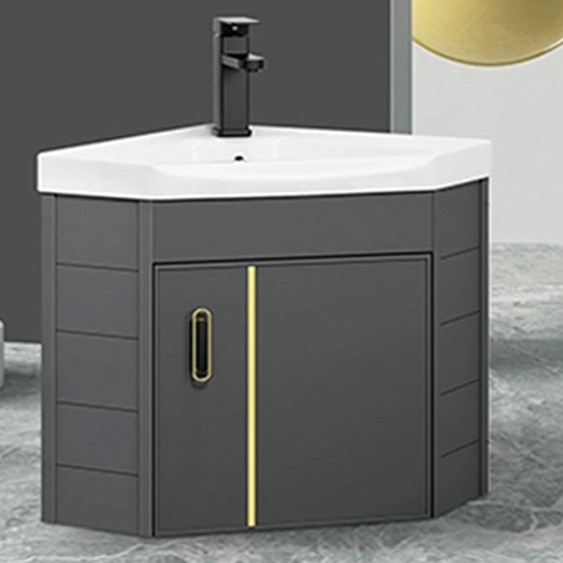 GLJTUO Triangle Corner Bathroom Sink, Wall-Mounted Ceramic Vanity with Storage, ct 16.5in Sink Cabinet for Small Spaces, Modern Bathroom Solution, Space-Saving Design,size_name-42cm/16.5in