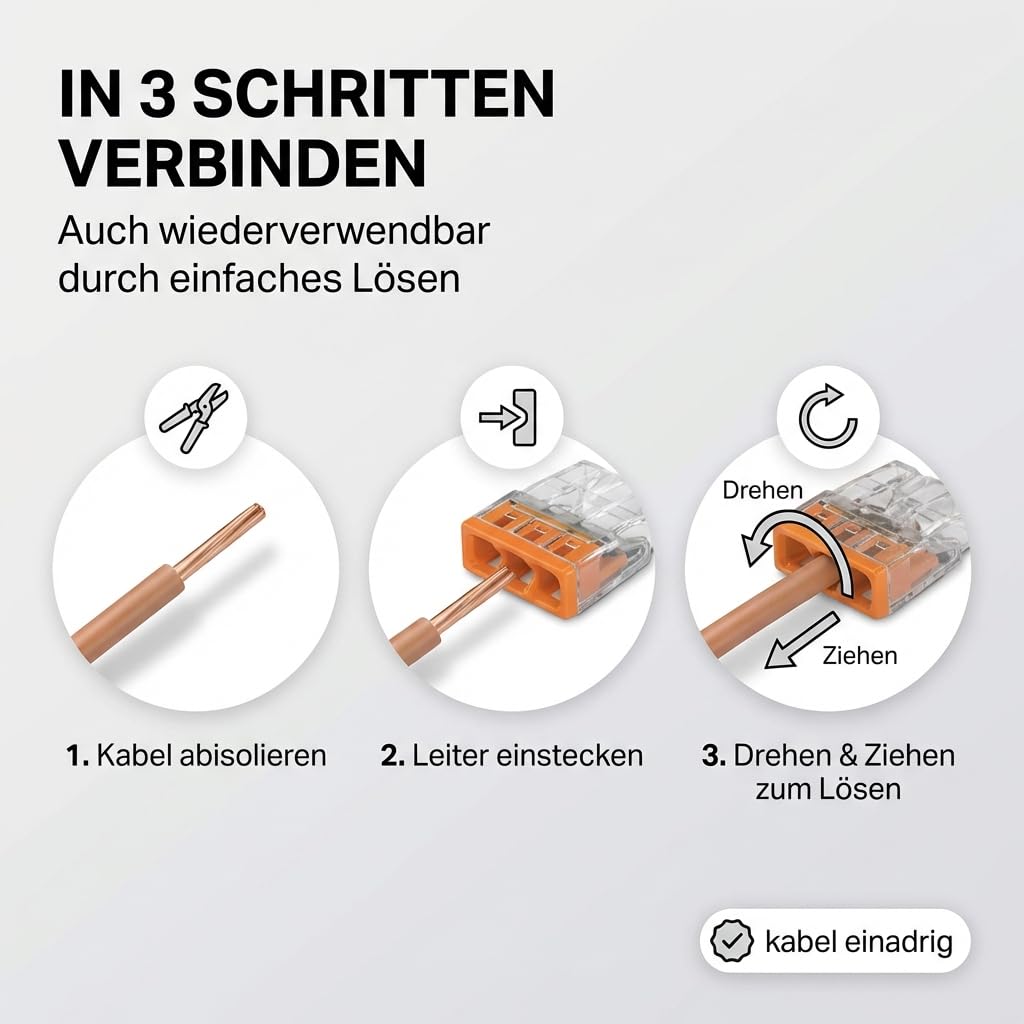 Verbindungsklemmen Set 250 Stück – enthält Original WAGO Klemmen Set Serie 2273 (2-, 3-, 4-, 5-, 8 polig) – Installationsklemmen in wiederverschließbarer Box