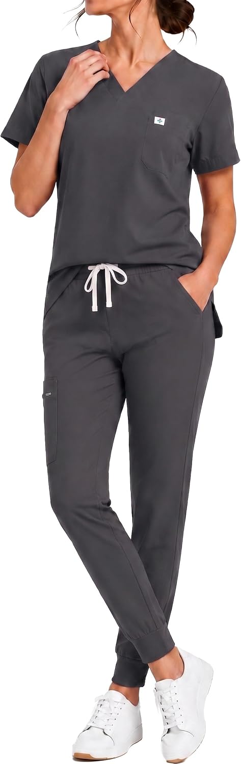 Women's V-Neck Scrub Set, Stretch Joggers with Zipper Pocket