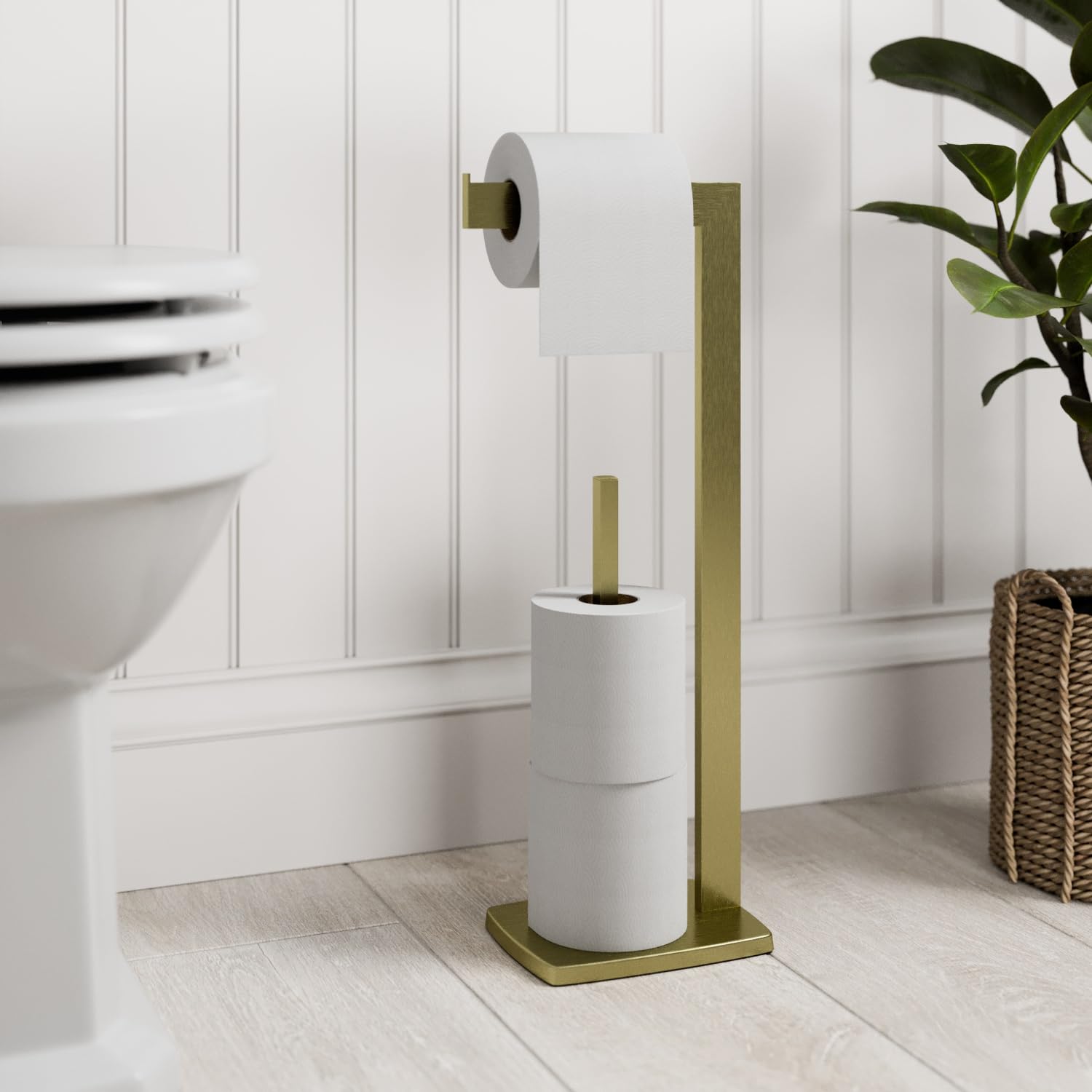 Brushed Brass Freestanding Toilet Roll Holder Modern Square Design, Premium Stainless Steel Bathroom Tissue Stand with Spare Roll Storage, Floor Standing Toilet Paper Holder for Contemporary Bathrooms