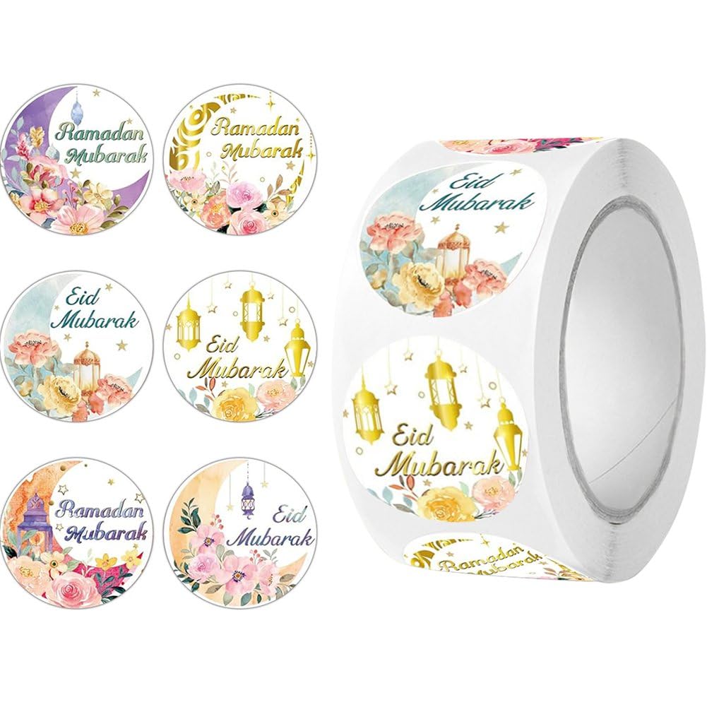 Fituenly D Ei Mubarak Stickers, 500Pcs Self Adhesive Ei Stickers Roun Flower Ei Mubarak Ecal For Gifts Bags Sweet Box Cards Sealing Envelopes Ei Labels
