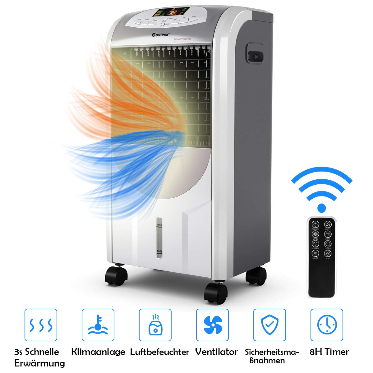 COSTWAY 2000W Luftkühler tragbar, Verdunstungskühler mobil Klimaanlage | Klimagerät ohne Abluftschlauch, Heizlüfter Luftbefeuchter Luftreiniger 8H Timer / 7L Wassertank / 70°Winkel / Fernbedienuung