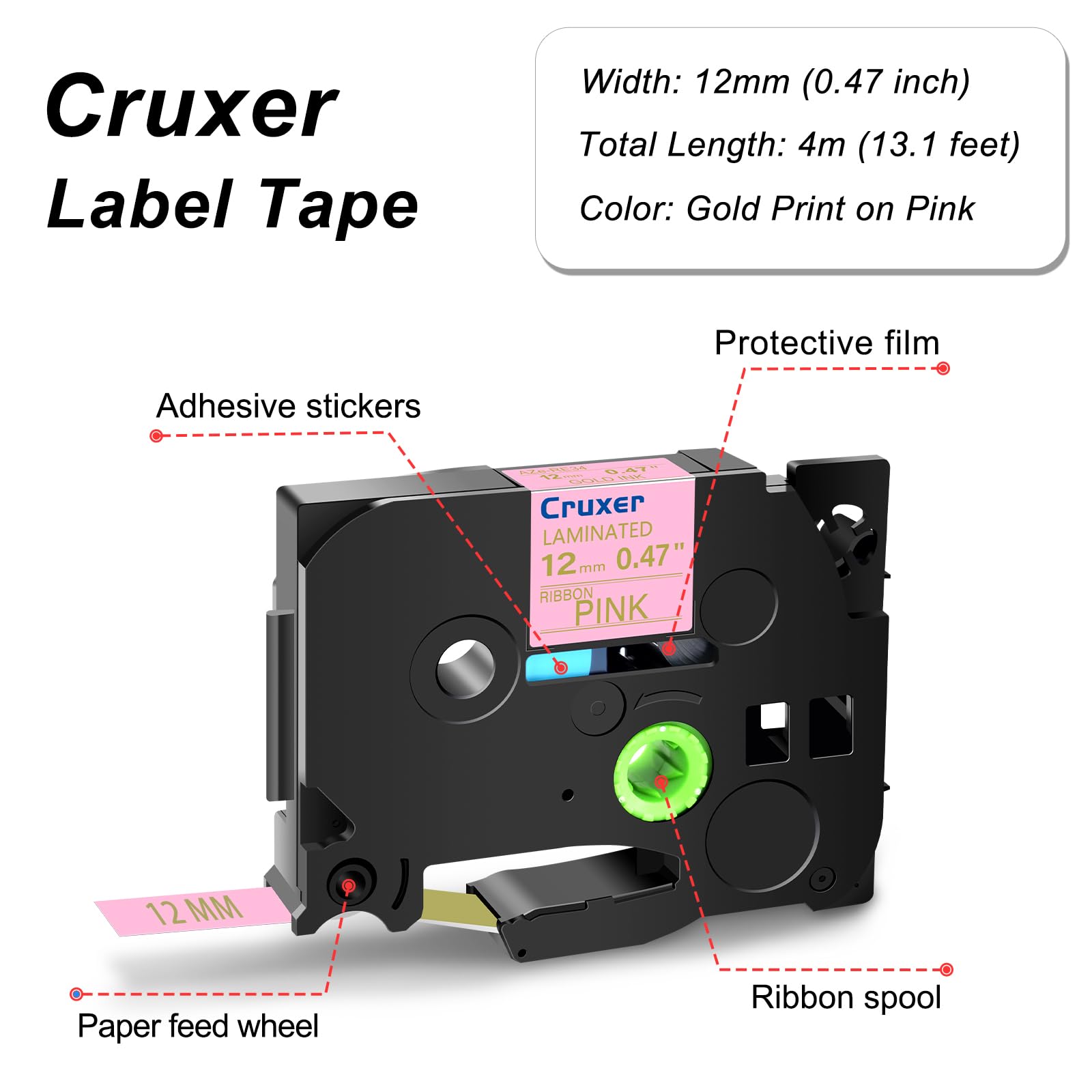 Cruxer Pack de 10 cintas laminadas compatibles con Brother P-touch TZe-RE34, embellecer cintas laminadas de satén, oro sobre rosa, 0,47 pulgadas, 12 mm x 3 m, cinta de escritura de repuesto para