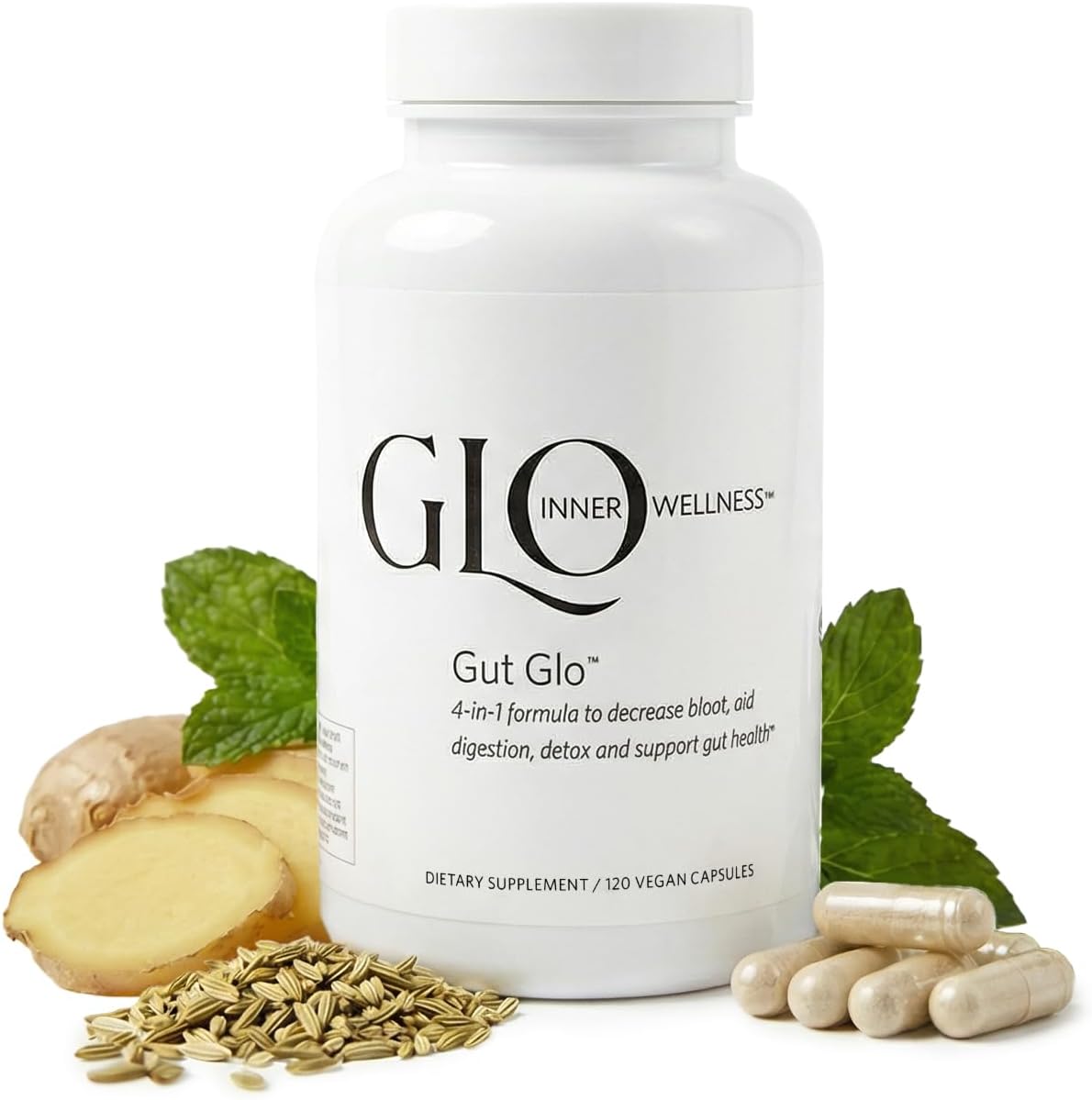 Gut Glo Natural Bloating Relief, Gut Health, Digestion & Constipation Aid 4-in-1 Probiotic, Digestive Enzyme, Magnesium & Organic Herb Capsules - Vegan, 120 Count