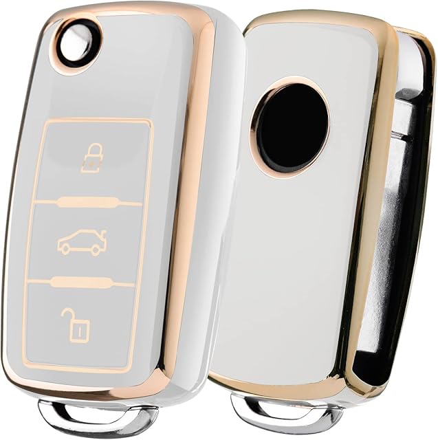 Car Key Cover for VW Golf 3 Key Box/Key Case Cover for VW Polo, Passat, Skoda, Seat, 3 Buttons (White, Golden Edge)
