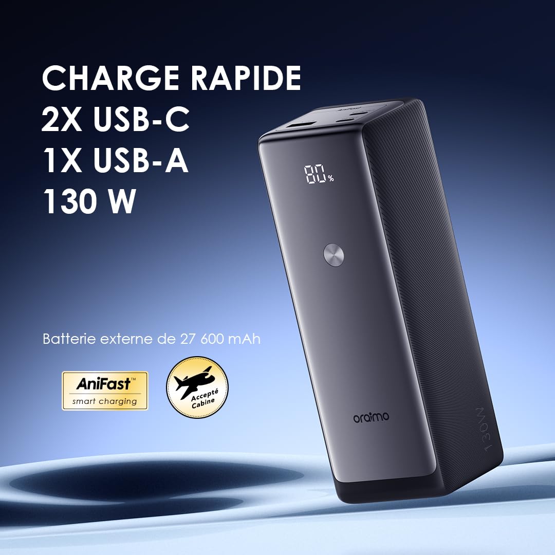 oraimo PowerJet 130 - Batterie Externe Puissante 130W 27600mAh - Power Bank Haute Capacité Recharge Rapide avec 3 Ports USB-C PD 100W et Écran Numérique LED, Conforme pour Avion