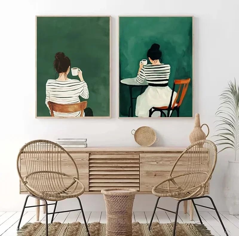 Décoration murale salon avec peinture esthétique de femme de dos et affiche verte abstraite