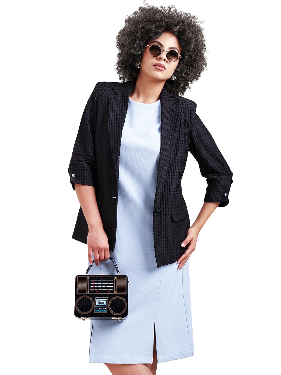 Women Textured Jacket with Cufflinks – Elegant Formal & Smart Casual Jacket for Women (Black & Brown)-picture-11