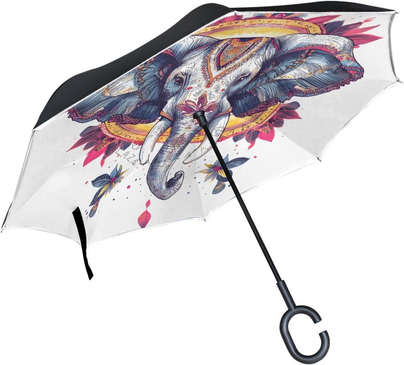 Elephant Portrait Mandala Inverted Umbrellas for Rain Windproof Reverse Upside Down Golf Umbrella with C-shape Handle for Men Women