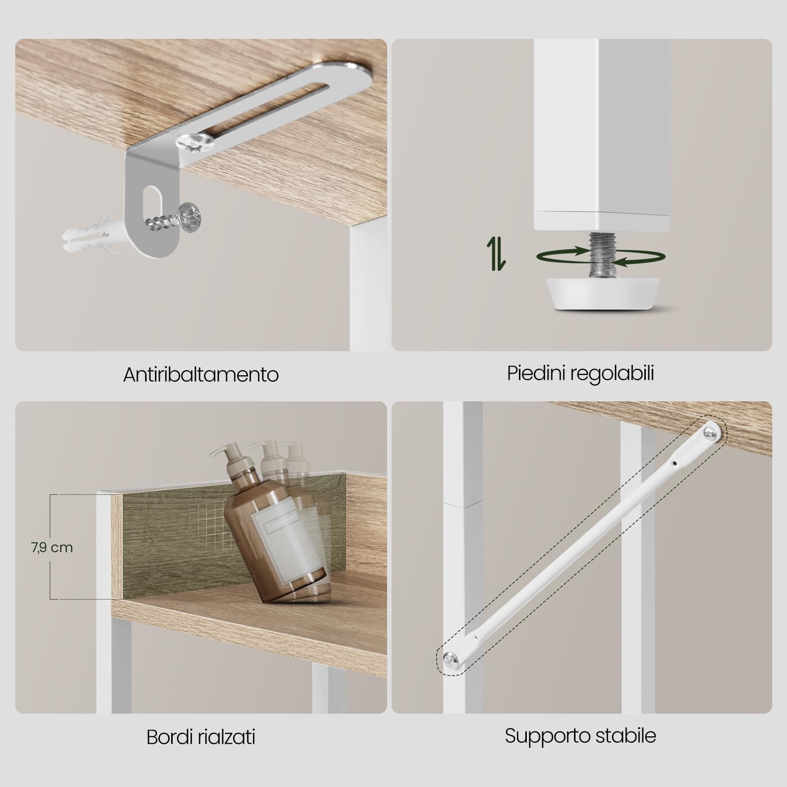 EUGAD Mobiletto Bagno Salvaspazio, Scaffale Lavatrice con 3 Ripiani, per Lavanderia, Bagno, Soggiorno, Balcone, Legno e Metallo, Rovere Chiaro+Bianco, 63x25x166,5 cm