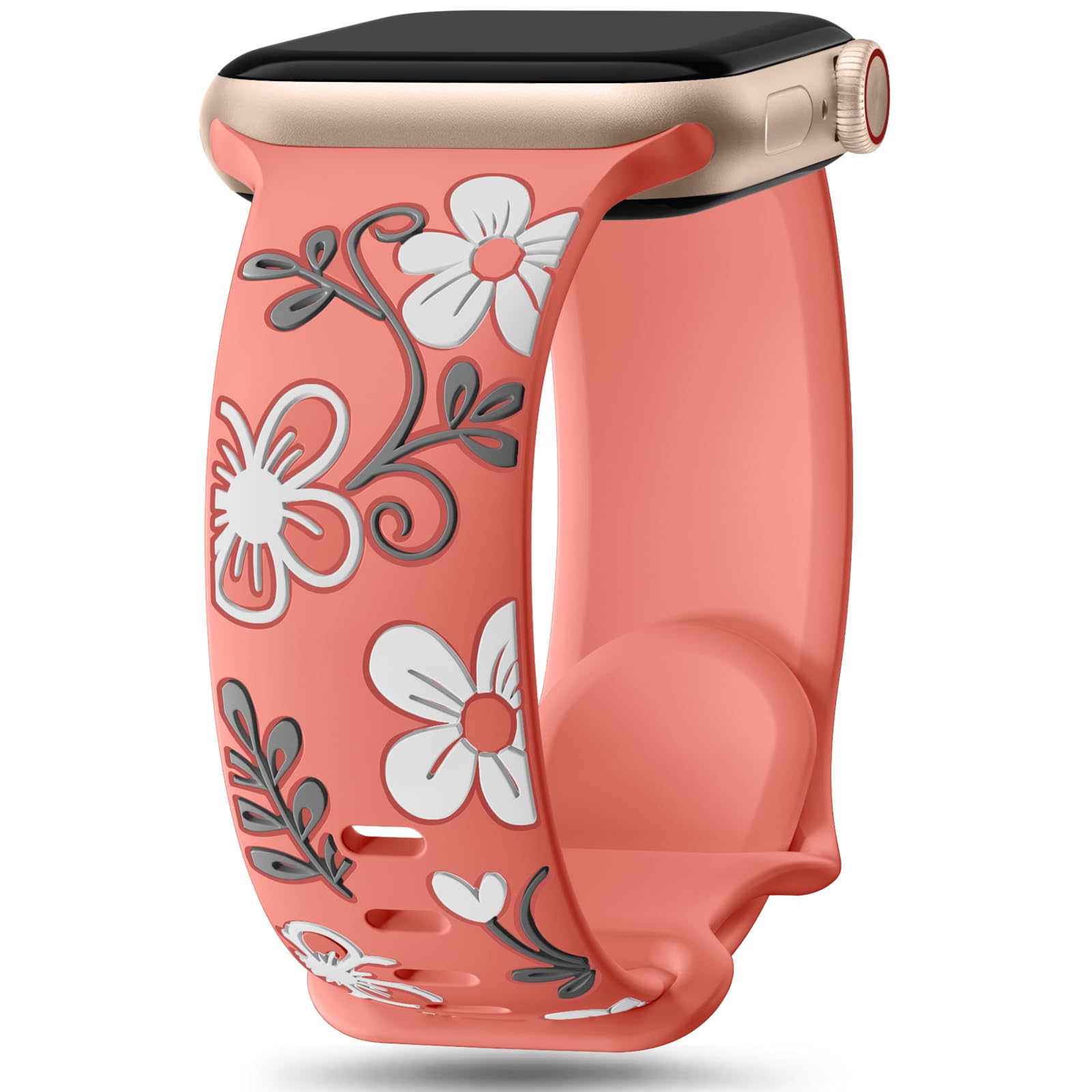 Witzon Floral Band Compatible with Apple Watch Bands For Women 40mm 41mm 38mm 42mm 44mm 45mm 46mm 49mm, Engraved Cute Flower Silicone Dressy Strap for