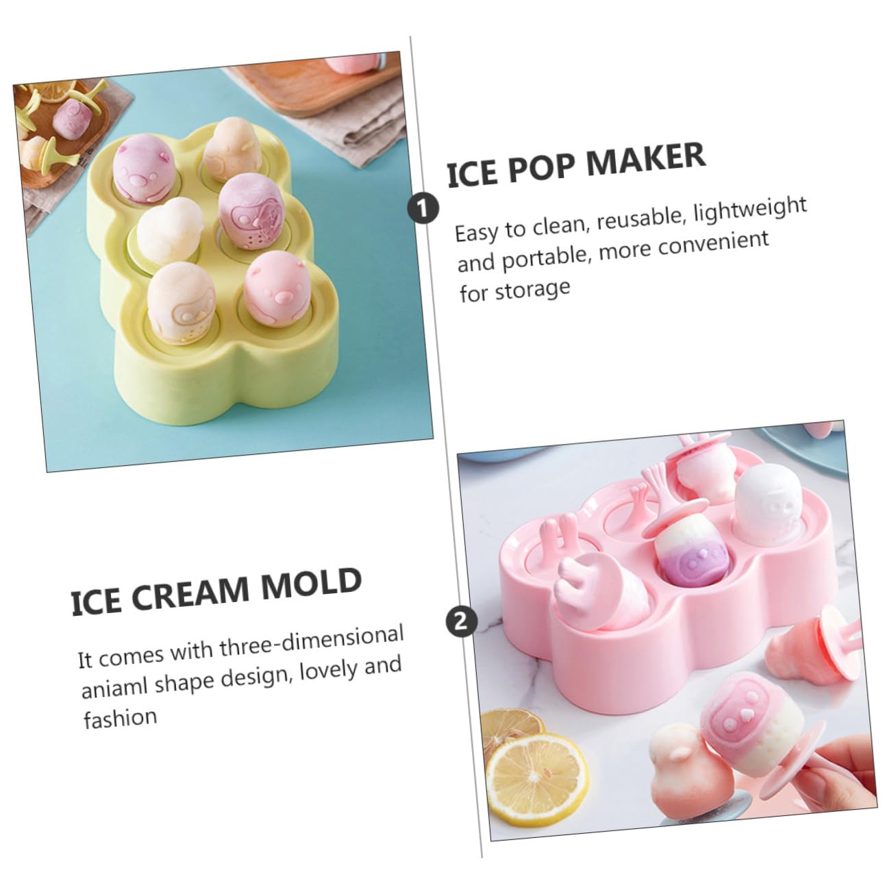 Moules à Glace en Silicone, Lot de 4 Sets de Sets, Forme Animal
