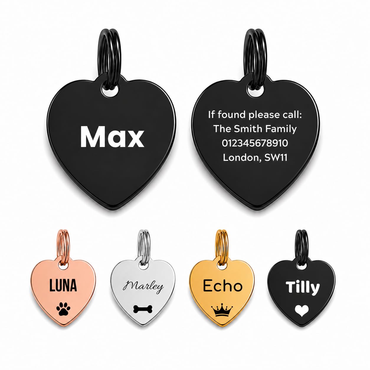 Personalised Stainless Steel Dog Tag – Black Heart Pet ID Tag – Large 35mm