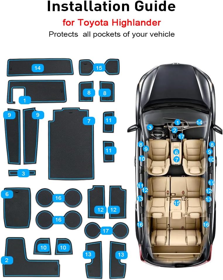 Anti-dust Door Mats for Toyota Highlander 2022 2021 2020 Accessories , Non-Slip Center Console Liners, Interior Cup Holder Liners Inserts Mats(22pc/Set, Blue)