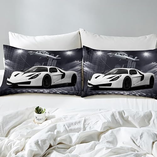 Vista 121 de Feelyou Juego de ropa de cama de coche de carreras y avión en blanco y negro – Funda de edredón y funda de edredón para niños y adolescentes