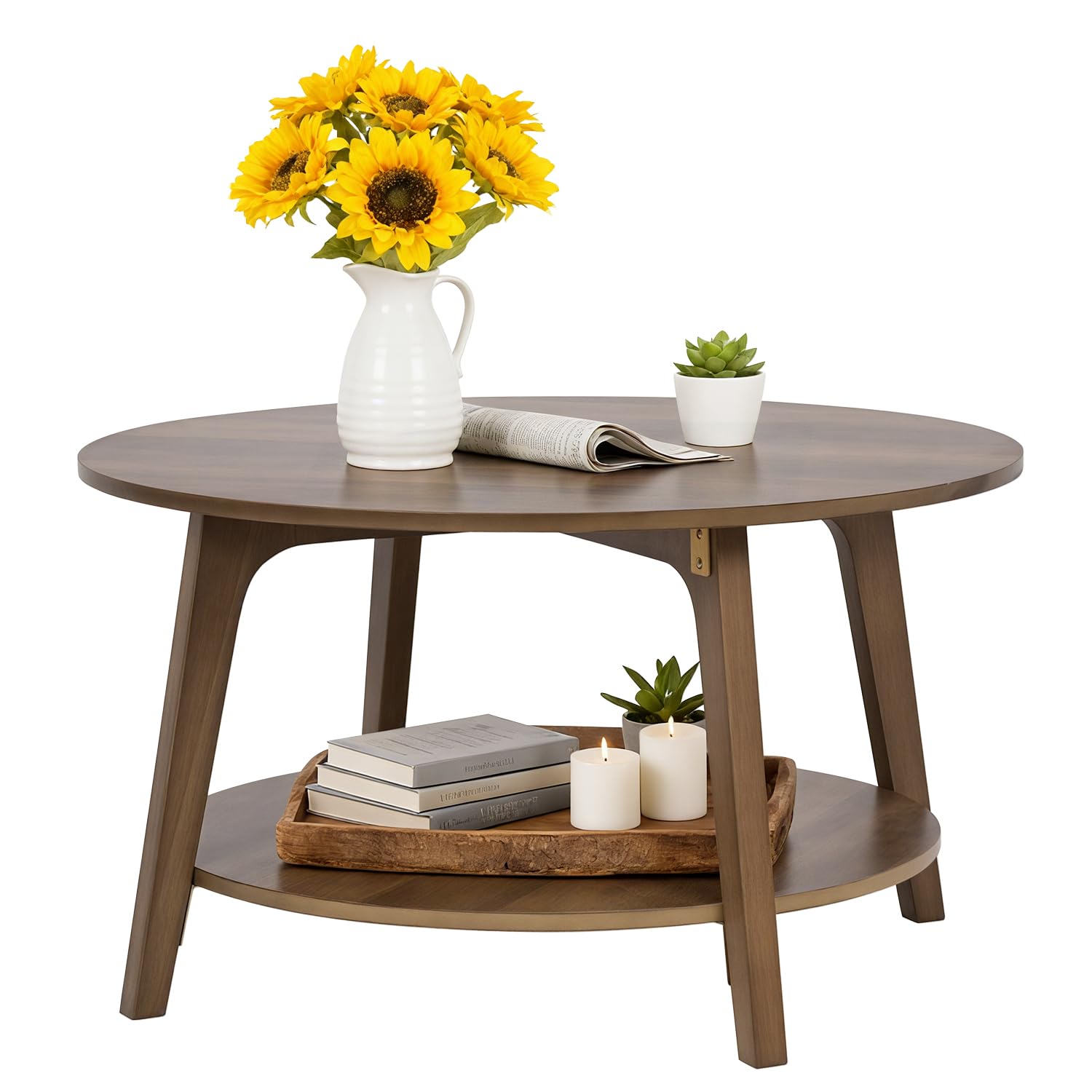 FDW Round Coffee Table with Storage 2-Tier Modern Wood Center Table for Living Room Bedroom or Office Small Space Circle Coffee Table with Sturdy MDF