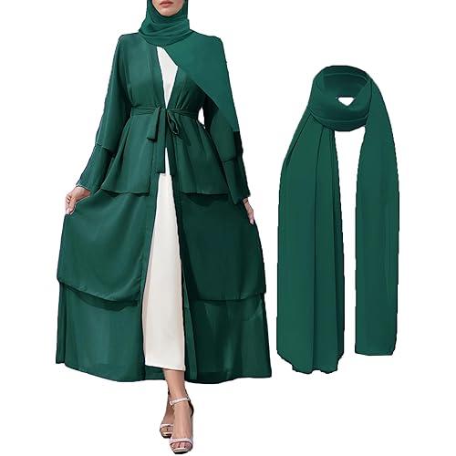 Muslim Abaya Dress for Women Modest Muslim Robe Long Sleeve Open Front Cardigan Islamic Dubai Outfits with Hijab Belt