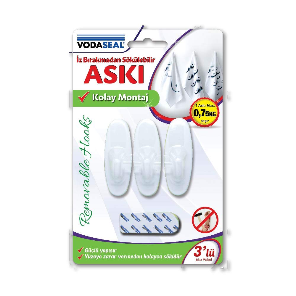 VODASEAL 53.01.081 İz Bırakmaz 3'lü Oval Askı, Beyaz