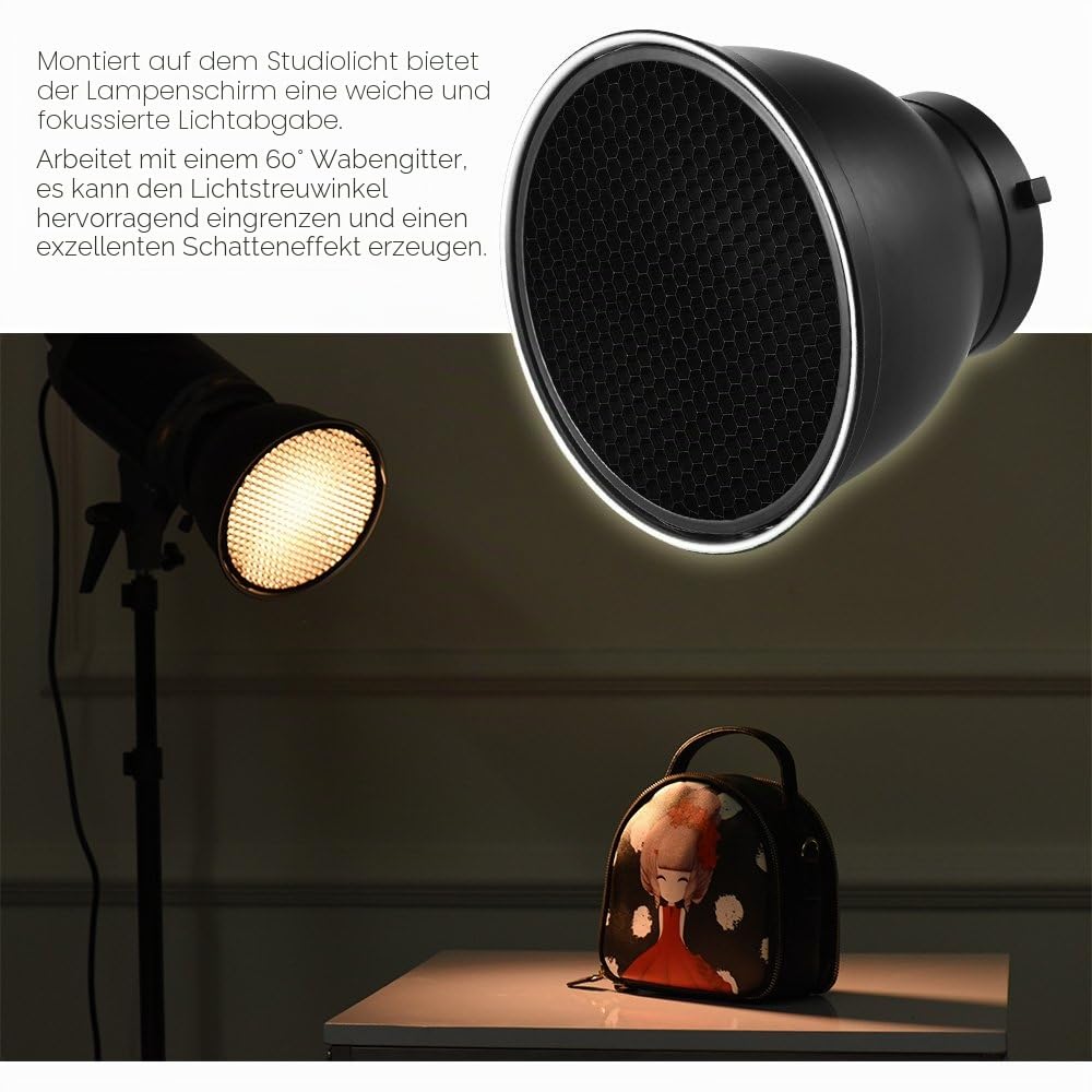 Andoer 7 Zoll Standardreflektor, Flacher Diffusor, Lampe mit 60 Grad Gitter, für Bowens für Flash-Studio Strobe Speedlite (Reflektor)