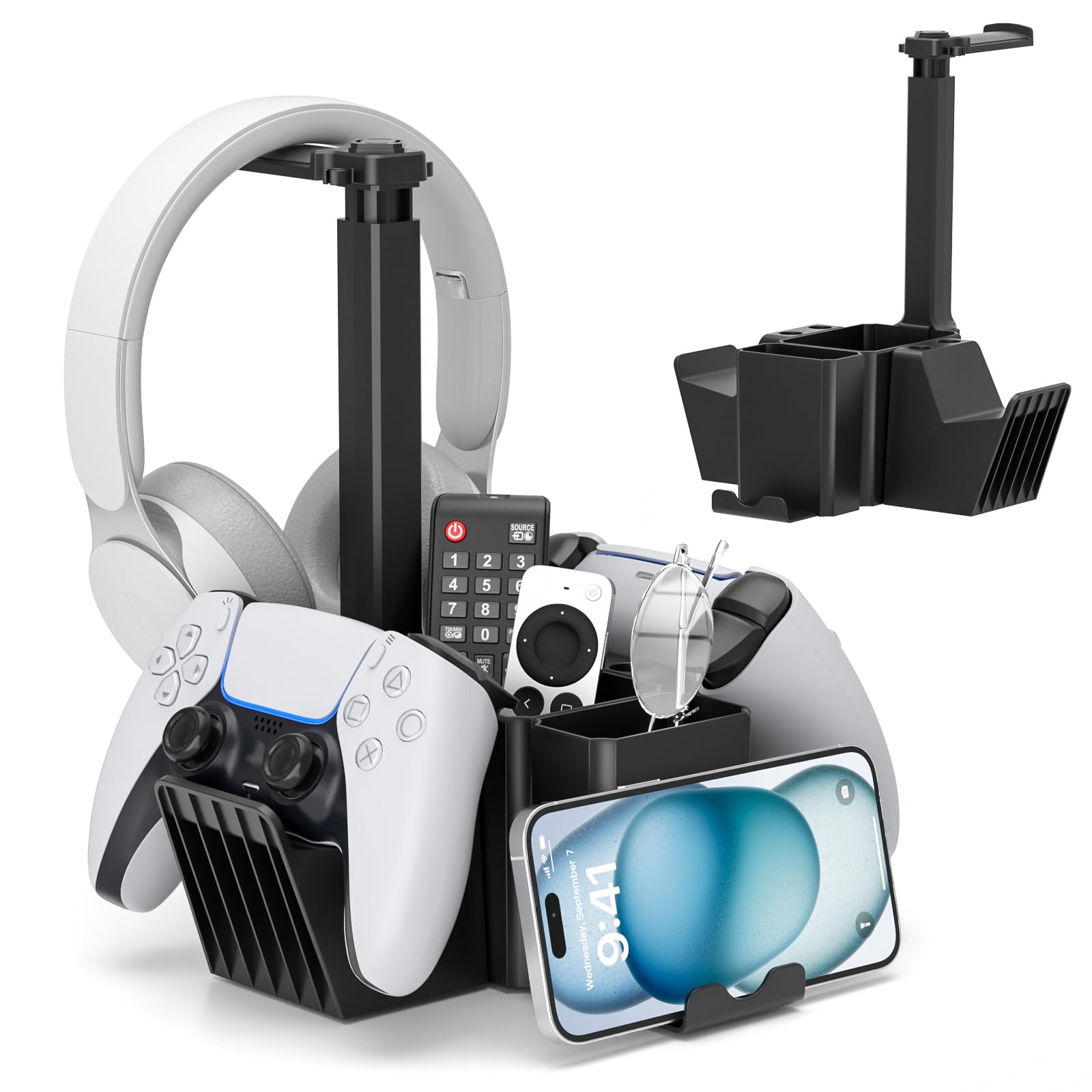 KDD Dual Controller Holder with Headphone Stand - Multi-Functional Desk Storage Box with Phone Holder - Universal Controller Stand with Desktop